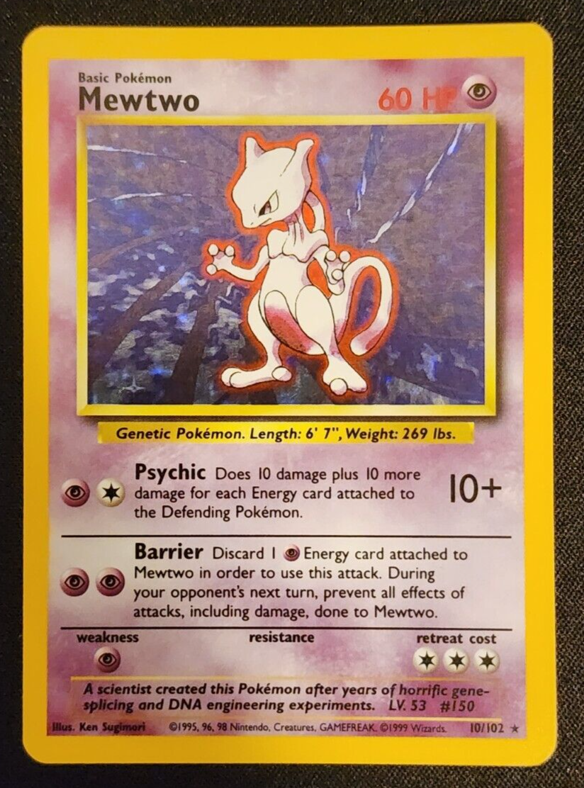 1999 Pokemon Card Base Set Mewtwo Holo 10/102 Near Mint WOTC vintage