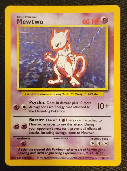 1999 Pokemon Card Base Set Mewtwo Holo 10/102 Near Mint WOTC vintage