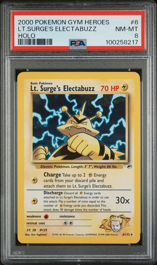 PSA 8 Lt. Surge's Electabuzz 6/132 Holo Gym Heroes Unlimited WOTC Pokemon Card