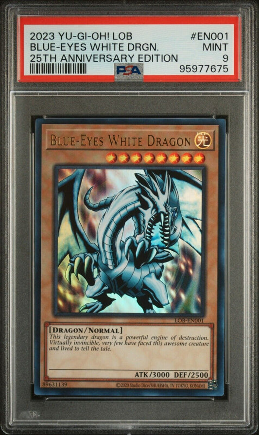 PSA 9 Mint - Blue-Eyes White Dragon LOB-EN001 25th Anniversary Ultra Rare YuGiOh