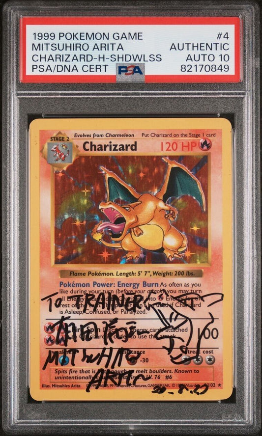 SHADOWLESS CHARIZARD AUTO 10 Mitsushiro Arita Sign Pokemon Card #4 1999 WOTC