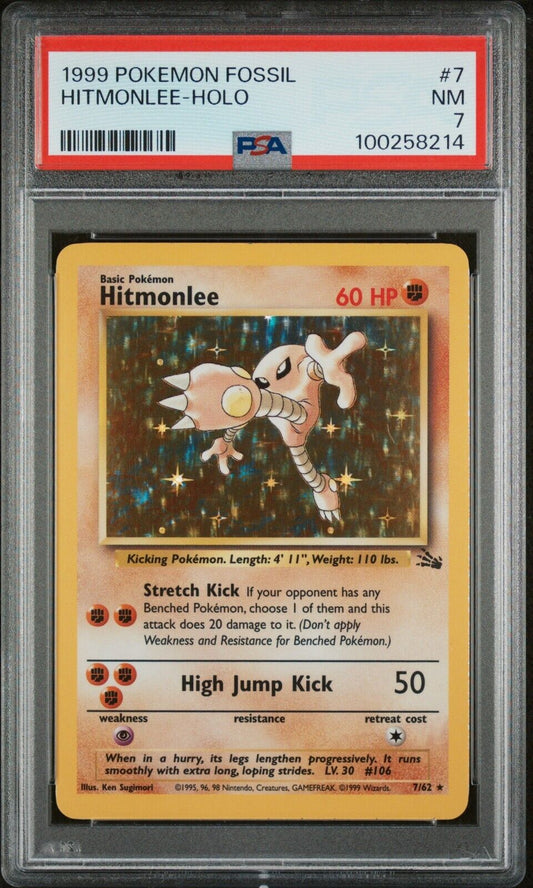 1999 Pokemon Card Fossil Hitmonlee Holo 7/62 PSA 7 Near Mint WOTC Vintage