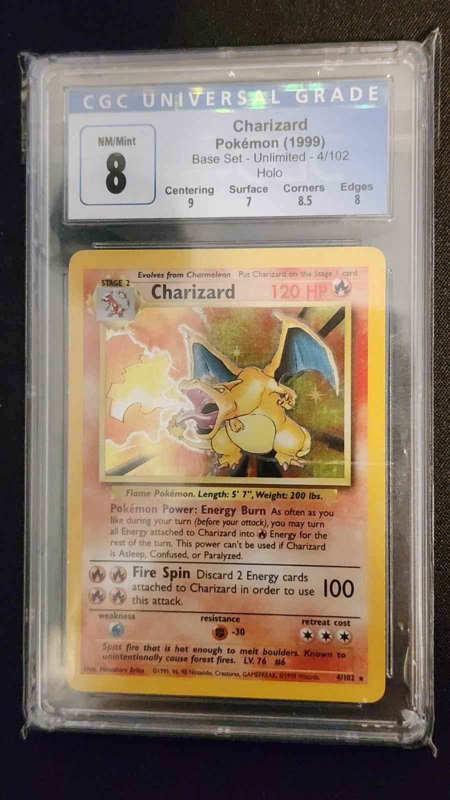 1999 Pokemon CHARIZARD Base Set HOLO Rare Unlimited Edition Card 4/102 - CGC 8