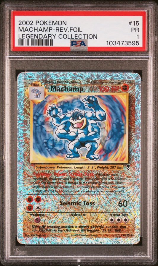 PSA 1 MACHAMP LEGENDARY COLLECTION REVERSE HOLO 15/110 2002 POKEMON CARD