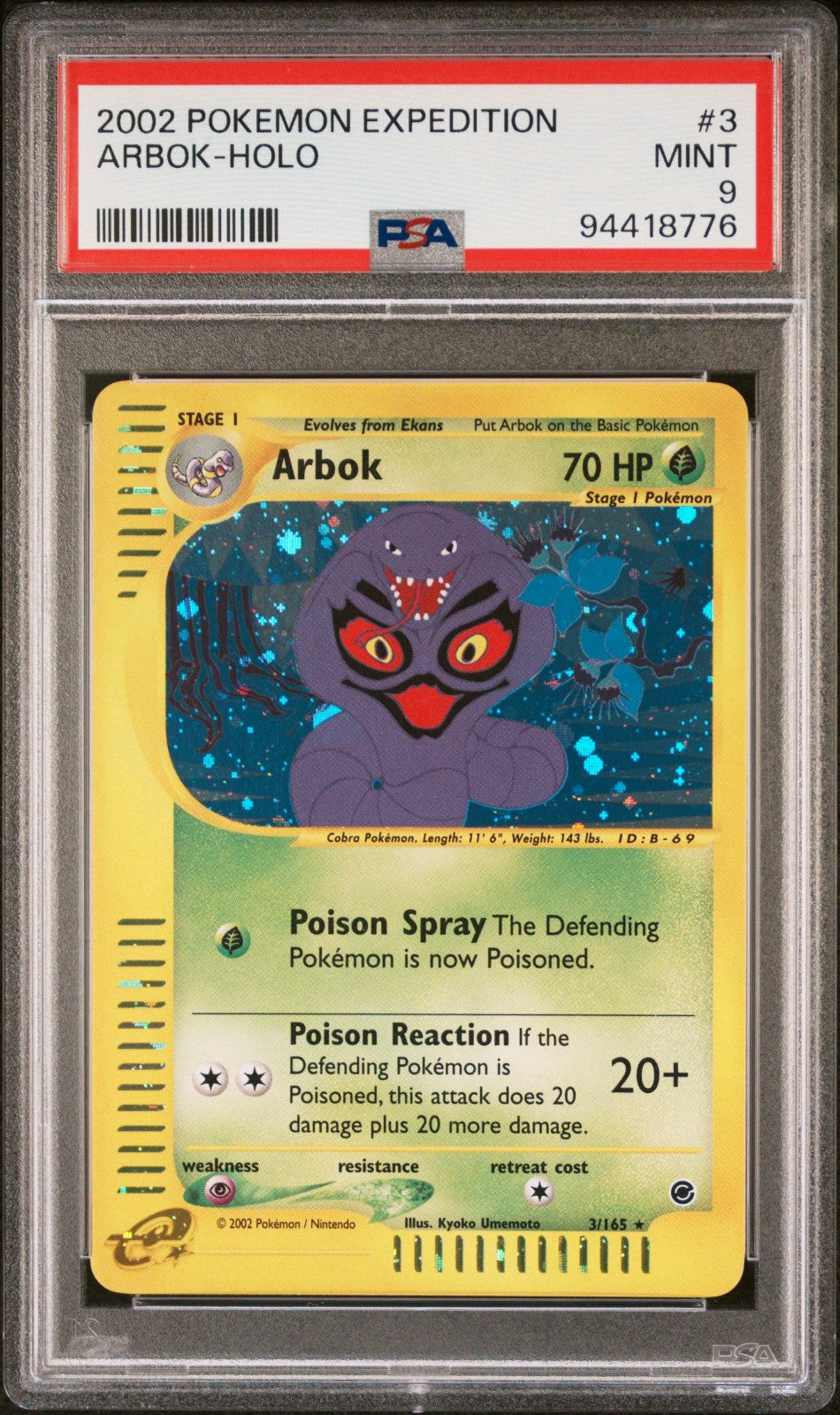 Pokemon Card Arbok Rare Holo PSA 9 Mint, Expedition Series #3, 2002