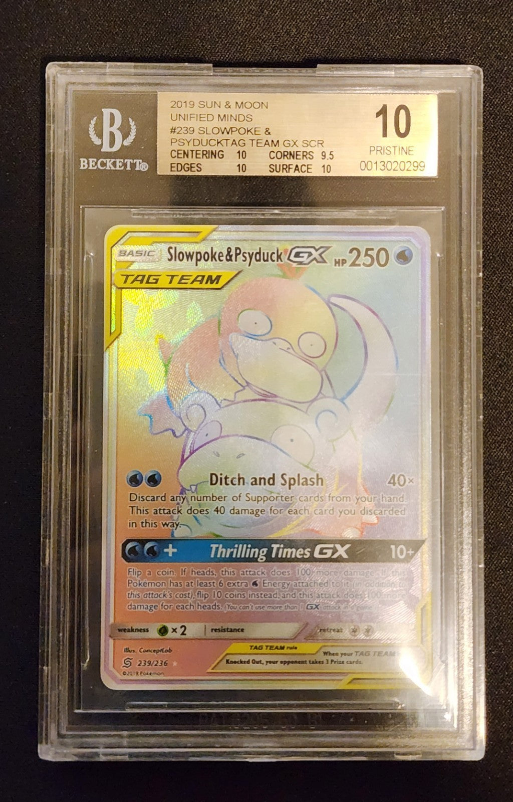 BGS 10 PT 2019 Pokemon Card S&M Slowpoke & Psyduck GX 239 Unified Minds Tag Team