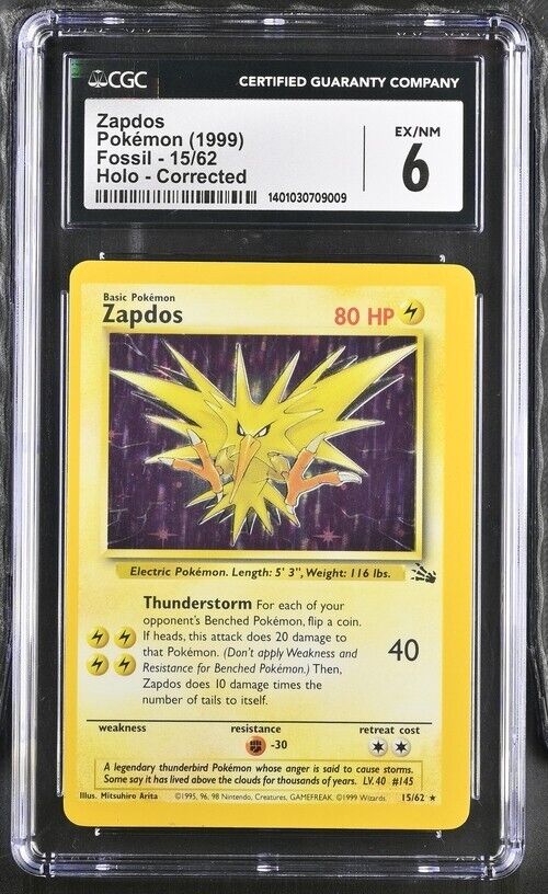 Corrected Holo Error CGC 6 Zapdos Holo 15/62 Fossil Unlimited Holo Rare WOTC